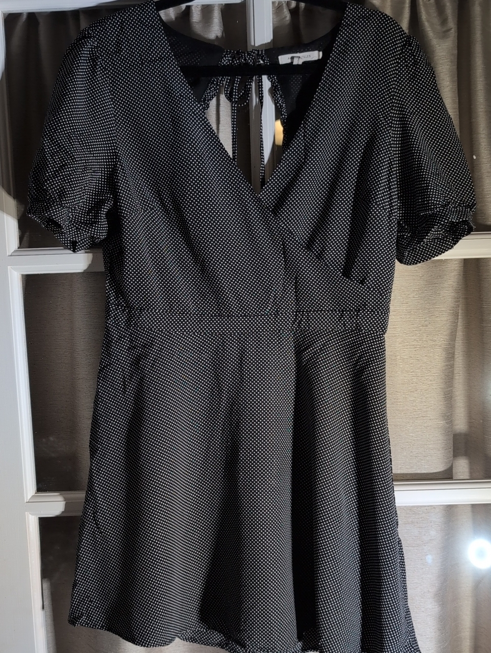 Avec Les Filles Black with White Micro Dot Wrap Mini Dress